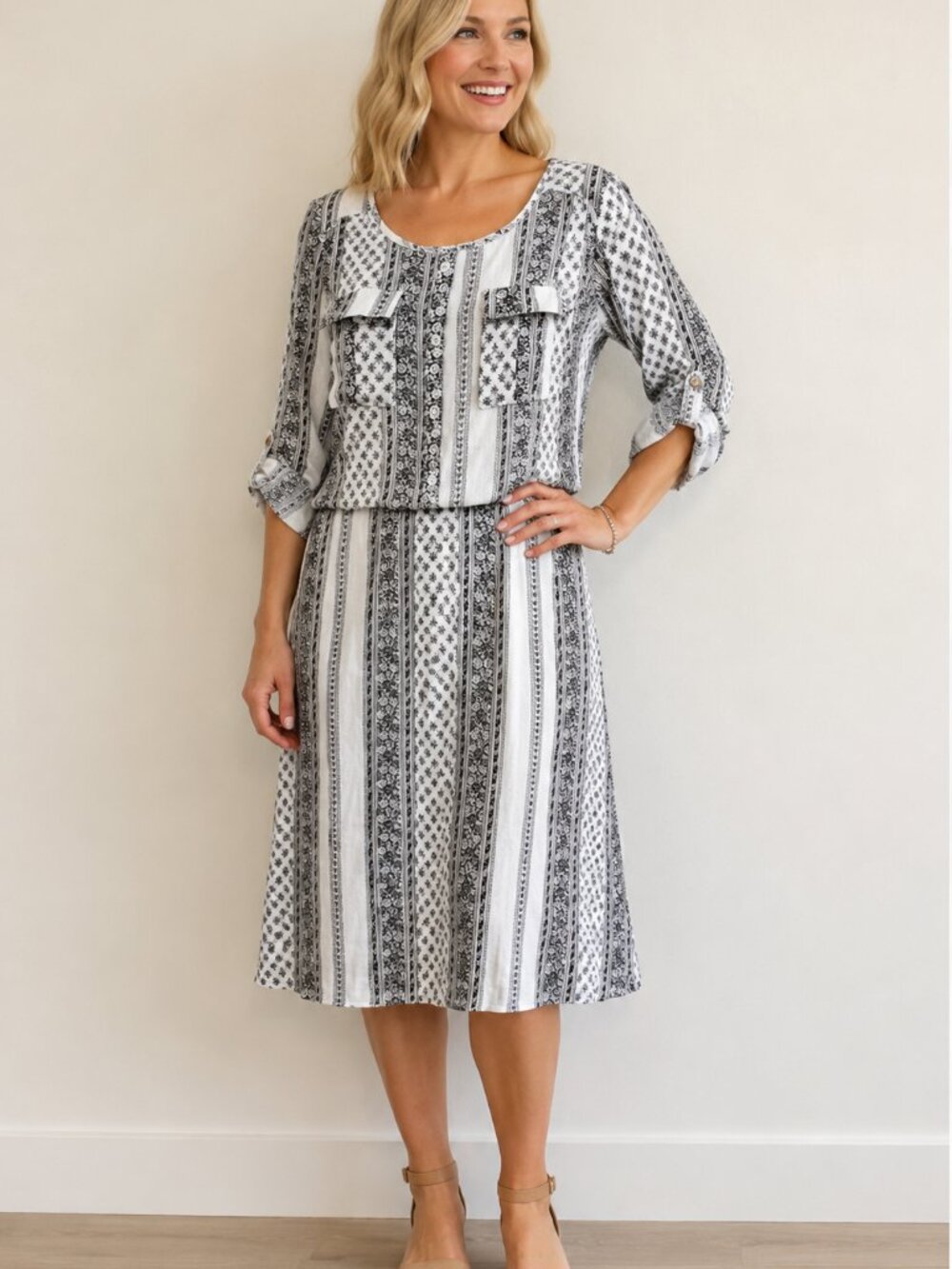 J Glee Women's L Black White Floral Stripe Print Blouson Midi Dress Roll Tab